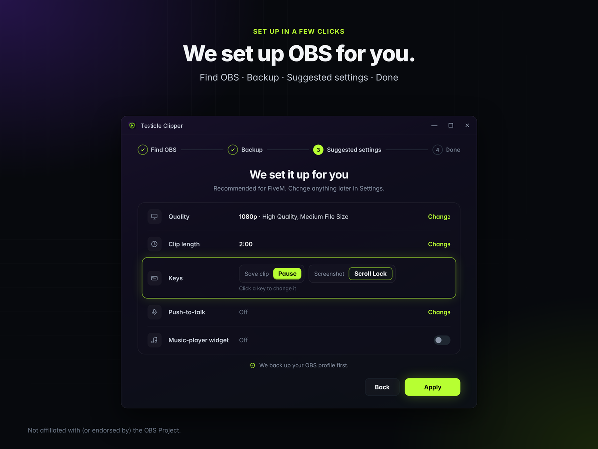 Testicle Clipper setup, Suggested settings: 1080p High Quality Medium File Size, 2:00 clips, Keys row with your clip keybind and screenshot key, push-to-talk off, music-player widget off