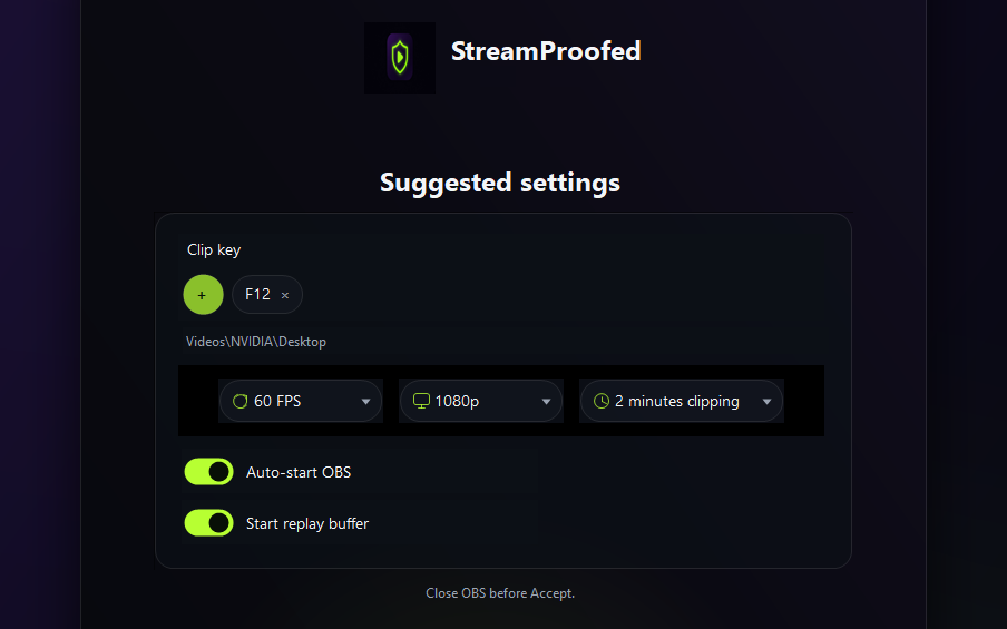 Testicle Clipper app: Suggested settings with clip key F12, 60 FPS, 1080p and 2 minutes clipping