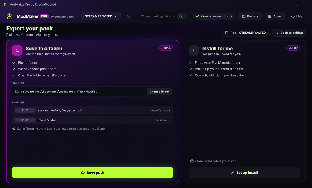 ModMaker Pro export screen: save the blood FX pack to a folder, or let the app install it for you