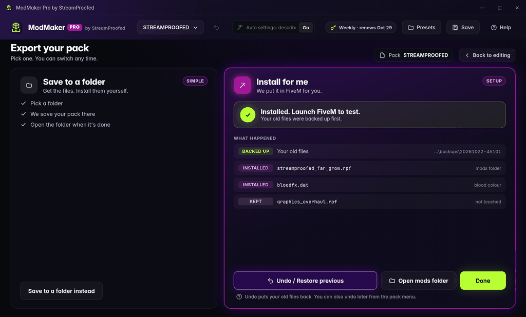 ModMaker Pro install result: old files backed up first, pack installed, with an Undo button